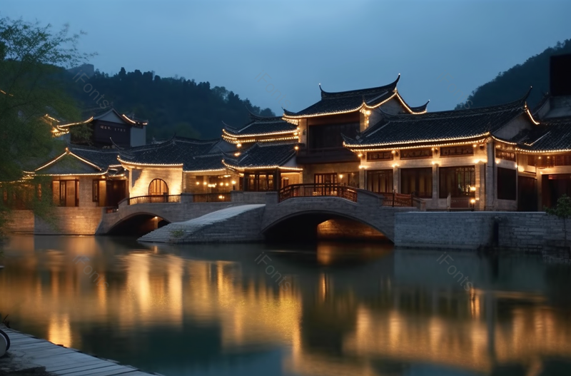 密云古北口水镇建筑物夜景摄影图,高清,摄影图,摄影图片,图片大全,摄影图免费下载